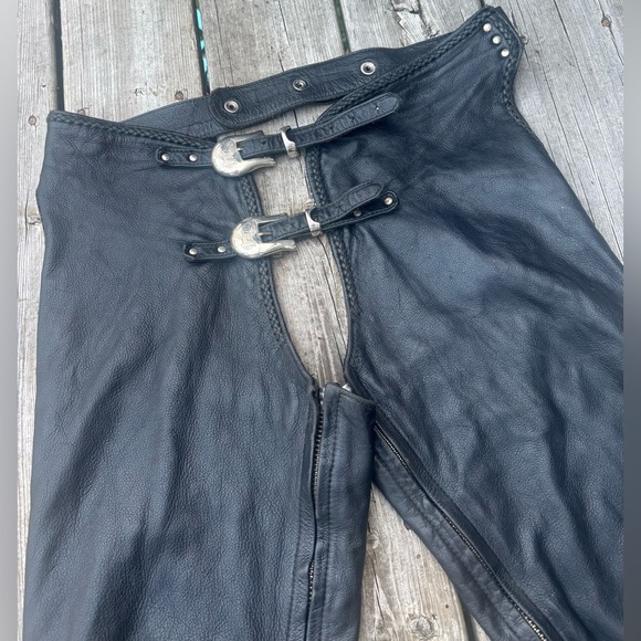 Vintage 90’s Harley-Davidson Black Leather Motorcycle Chaps 34/36x31 - Picture 11 of 13